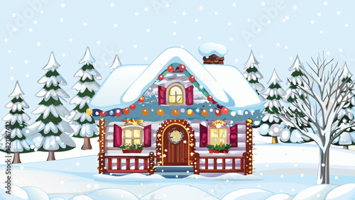 Illustration of a snow covered house with christmas lights and trees in a winter wonderland scene view