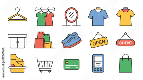 A collection of retail and shopping icons including clothing, bags, and payment methods.
