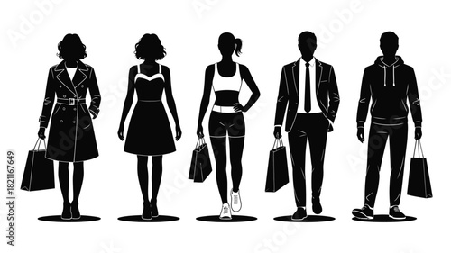 Silhouettes of five people, each holding a shopping bag, against a white background.