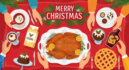 A vector illustration in a trendy retro style showing a table full of holiday food items for a Christmas or New Year celebration. Christmas Dinner On Table Top View. Christmas and New year invitation