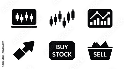 A collection of stock market trading icons with graphs and buy/sell indicators.