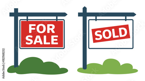 Two real estate signs, one for sale and one sold, stand in front of green bushes.