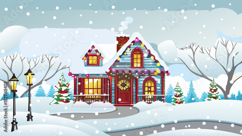 Illustration of a cozy house decorated with christmas lights in a snowy winter wonderland scene outdoors