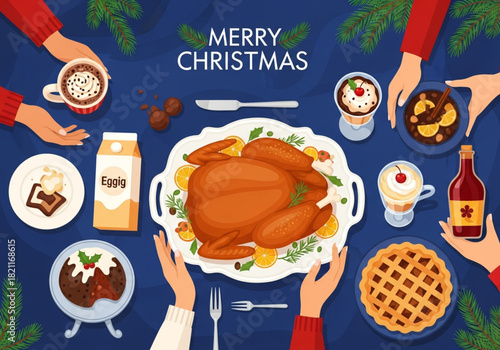 A vector illustration in a trendy retro style showing a table full of holiday food items for a Christmas or New Year celebration. Christmas Dinner On Table Top View. Christmas and New year invitation