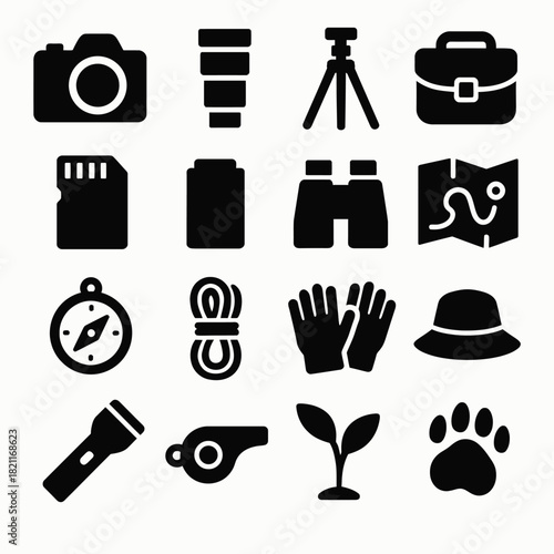 Collection of outdoor and photography equipment icons in black silhouettes