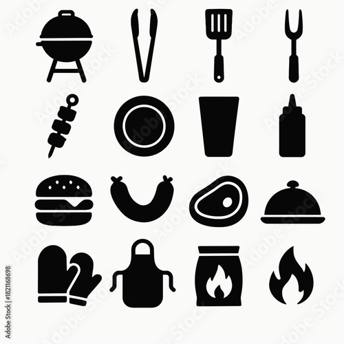 Bbq icon set: grill tools, food items, and cooking essentials