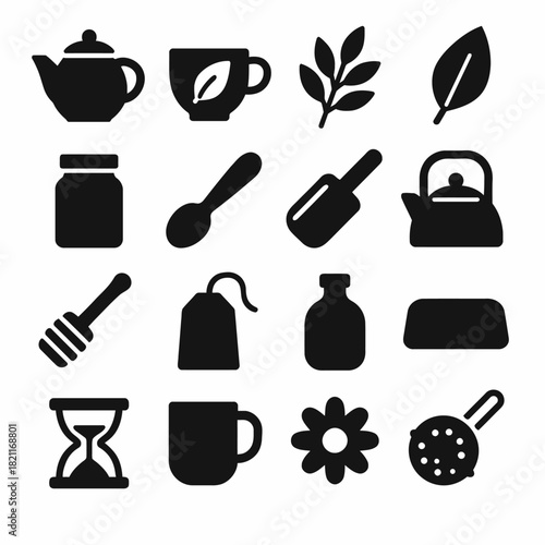 Tea time icons: teapot, mug, spoon, leaf, jar, kettle