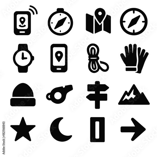 Outdoor adventure icons: gps, compass, map, watch, gloves, rope, hat, whistle, signpost, mountain, star, moon, arrow