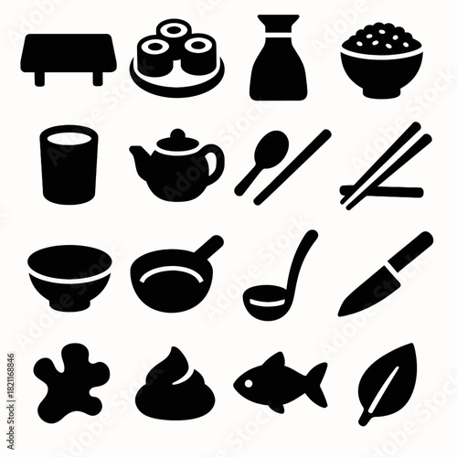 Silhouette icons of japanese cuisine: sushi, tea, chopsticks, fish, and more