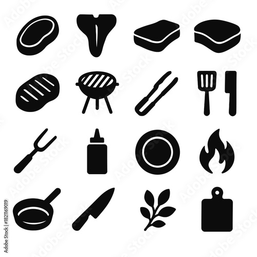 Grill icons set: steak, bbq grill, utensils, and cooking tools silhouettes