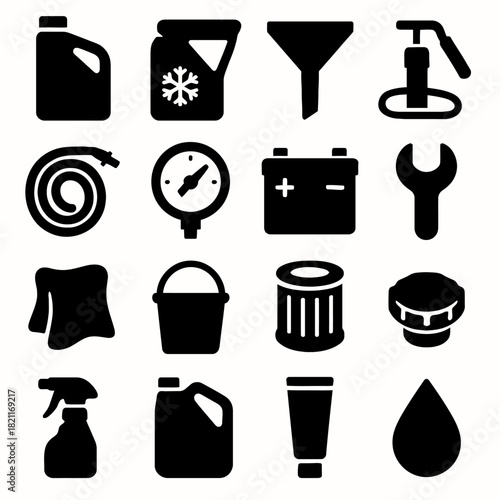 Car maintenance icons: tools, fluids, and equipment collection for automotive care