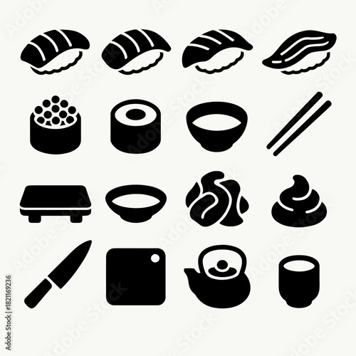 Japanese cuisine icons: sushi, nigiri, sashimi, and utensils silhouettes