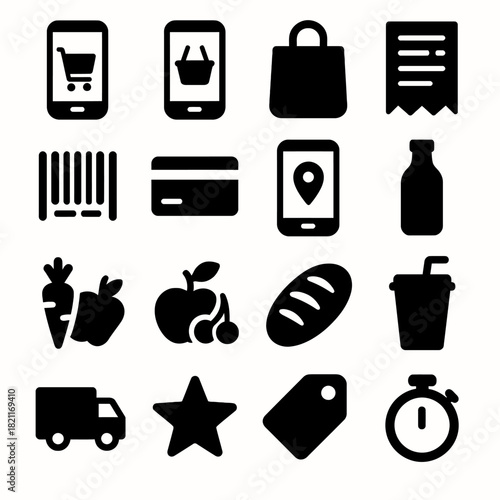 Collection of shopping and grocery icons: mobile, cart, bag, payment, food, delivery