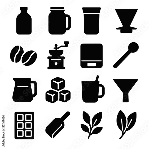 Set of black coffee icons including grinder, mug, and leaf designs on white background