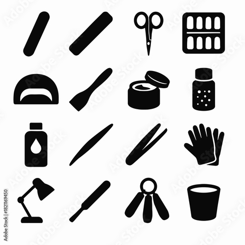 Silhouette icons of diverse beauty and personal care tools and accessories