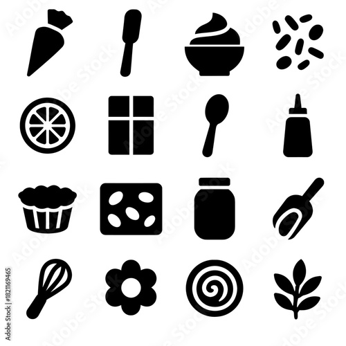 Assorted baking icons: tools and ingredients in bold black silhouette