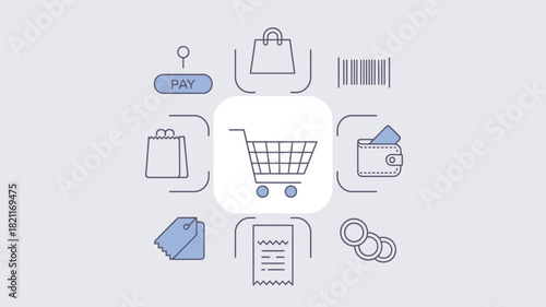 Shopping cart and icons represent online shopping and payment process.