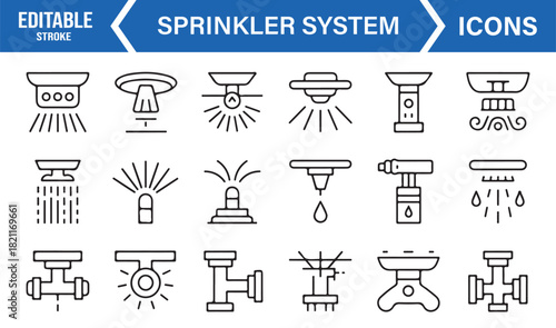 Vector outline symbols of fire suppression gear, pipes, and sprinkler parts