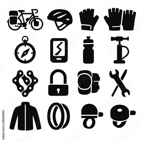 Essential cycling gear icons set: bike, helmet, lock, tools, gloves, compass, pump, jacket