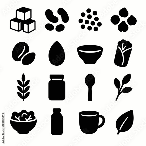 Minimalistic food and drink icons: diverse edibles and beverages in simple black silhouettes