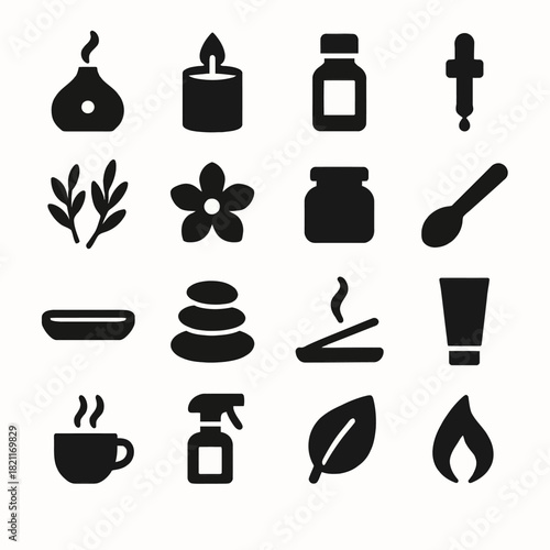 Set of 16 spa and wellness icons representing oils, candles, leaves, and more