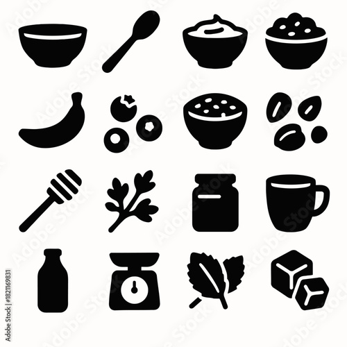 Breakfast essentials: bowls, fruits, honey, herbs, and coffee silhouettes