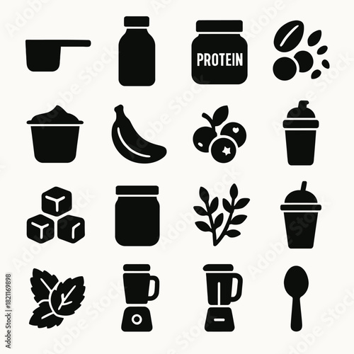 Protein shake ingredients set: blend of fruits, containers, and tools for smoothies