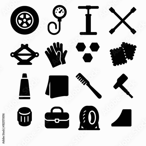 Car maintenance icons set: tools, tire, equipment, gloves, pump, wrench symbols