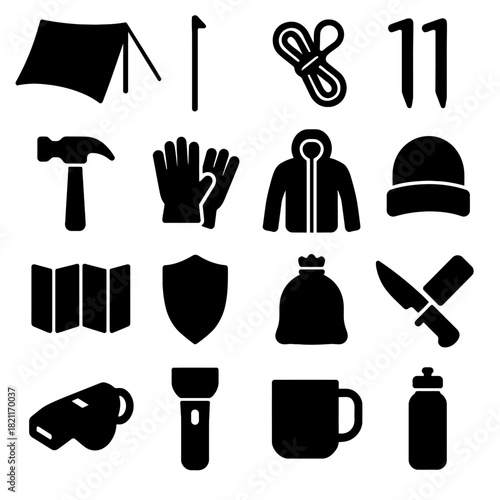 Camping essentials icons: tent, tools, gear, clothing, and safety symbols