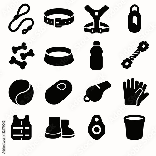 Dog accessories icons: collar, leash, bowl, toys, bottle, whistle, shoes, vest