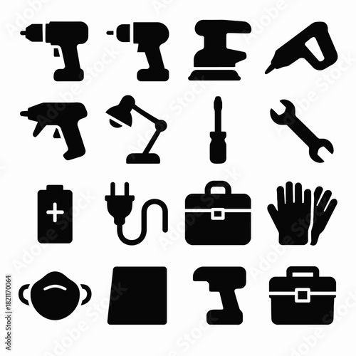 Silhouette icons of tools and equipment for crafting and repair