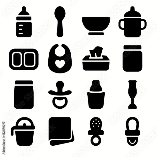 Baby feeding essentials icons set: bottles, bowls, bibs, pacifiers, and more