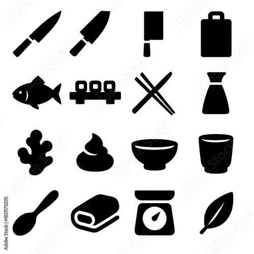 Set of kitchen utensil icons featuring knives, fish, and bowls