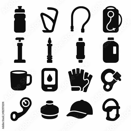 Cycling equipment icons: bottle, pump, gloves, water, and accessories