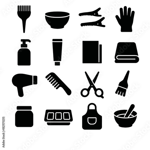 Hair salon tools and accessories icons - brush, bowl, clips, gloves, shampoo, apron