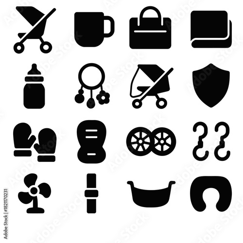 Set of baby and childcare icons: stroller, bottle, toys, and accessories