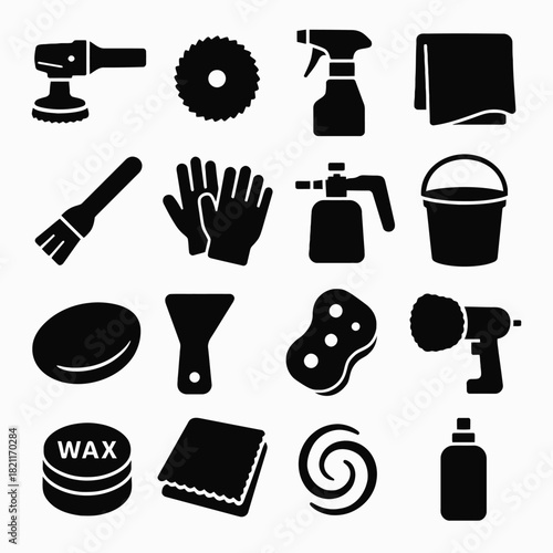 Black silhouette icons of auto detailing tools and equipment