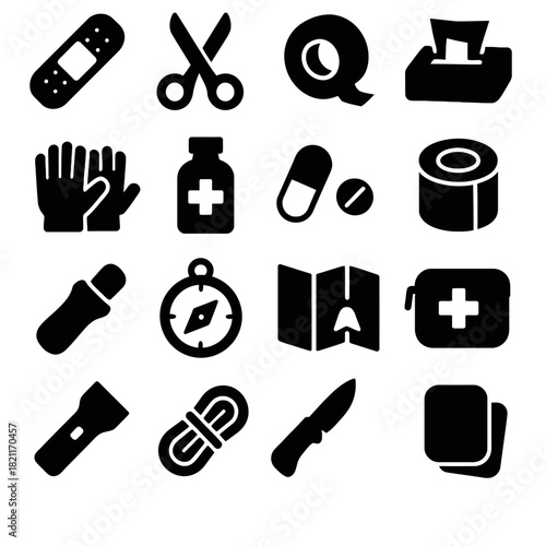 Essential camping items: first aid and survival tools icons collection