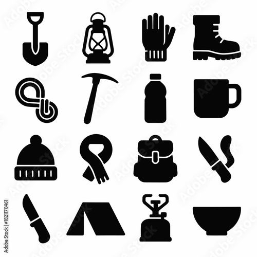 Set of camping icons: lantern, tent, boots, tools, and accessories