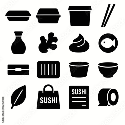 Sushi icons: containers, chopsticks, fish, sauce, norimaki symbols, japanese food elements