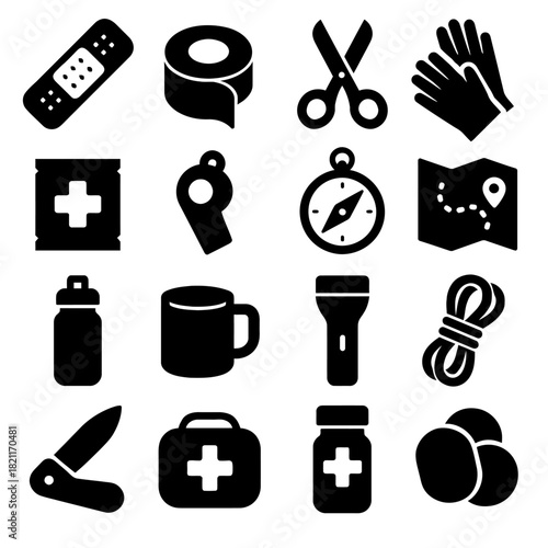Essential camping gear icons: first aid, navigation, tools, and safety equipment