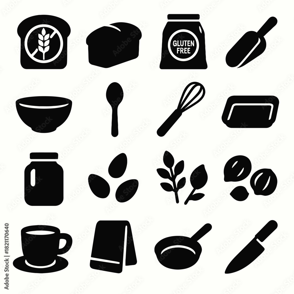 Fototapeta premium Silhouette icons of kitchen and baking ingredients and tools