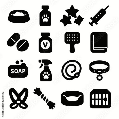 Pet care essentials: bowls, vitamins, toys, grooming, and hygiene icons