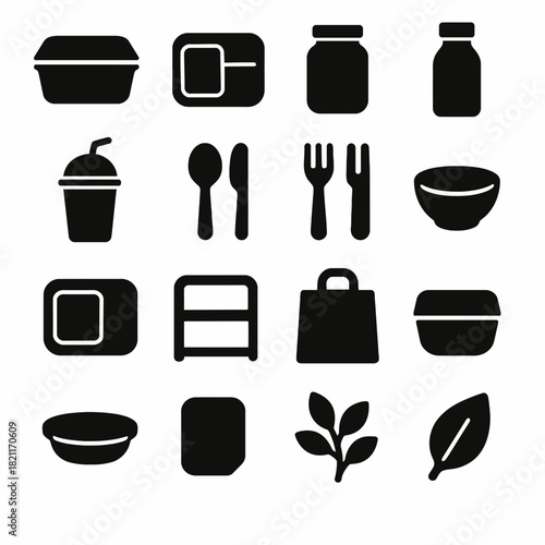 Food packaging and utensil icons set: containers, drinks, cutlery, eco-friendly symbols