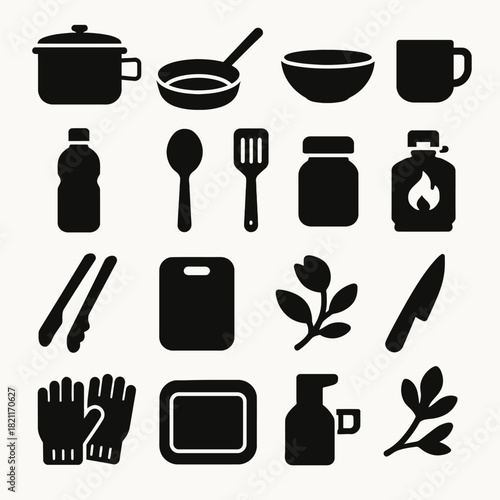 Cooking utensil icons: pot, pan, spoon, knife, bottle, bowl, mug, chopping board