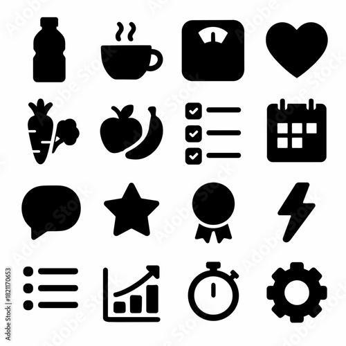 Healthy lifestyle icons: nutrition, exercise, wellness, and motivation symbols