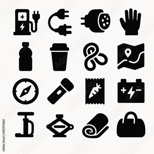 Electric charging, plugs, and utility icons in black and white