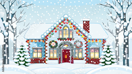 A festive house adorned with christmas lights and wreaths stands amidst a snowy winter wonderland scene