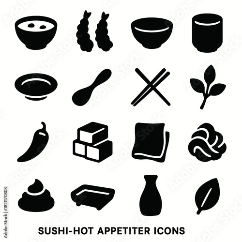 Sushi and appetizer icons: bowls, chopsticks, soy sauce, leaves