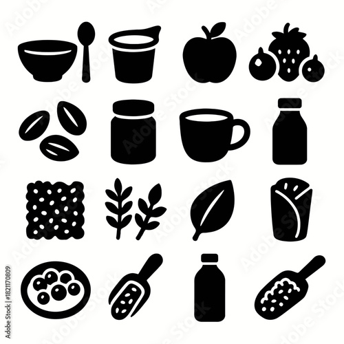Set of black food icons including beverage, jar, fruit, and grains
